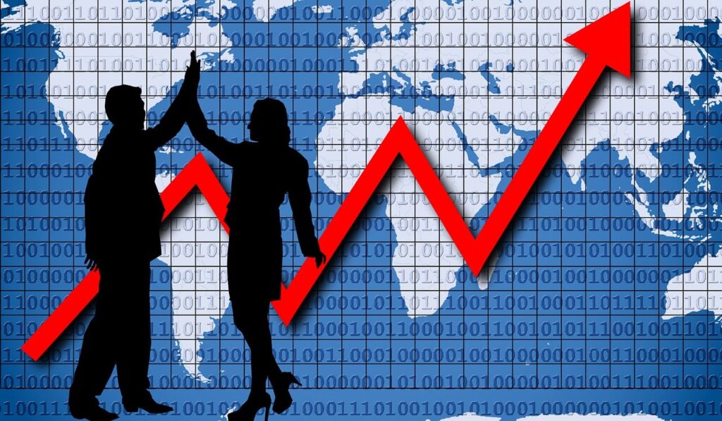 Illustration depicting business success and leadership, with a group of people working together to achieve growth and strategic goals.